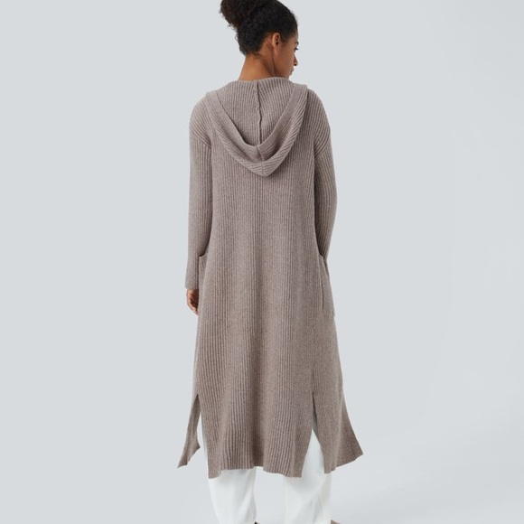 💕 HALARA hooded Long Sleeve Pocket Longline Cardigan, mocha meringue L NEW - Picture 6 of 8